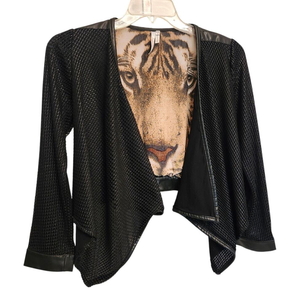 NWOT 36Point 5 Mesh Cropped Bolero Black Jacket / Tiger Face Graphic Sz S